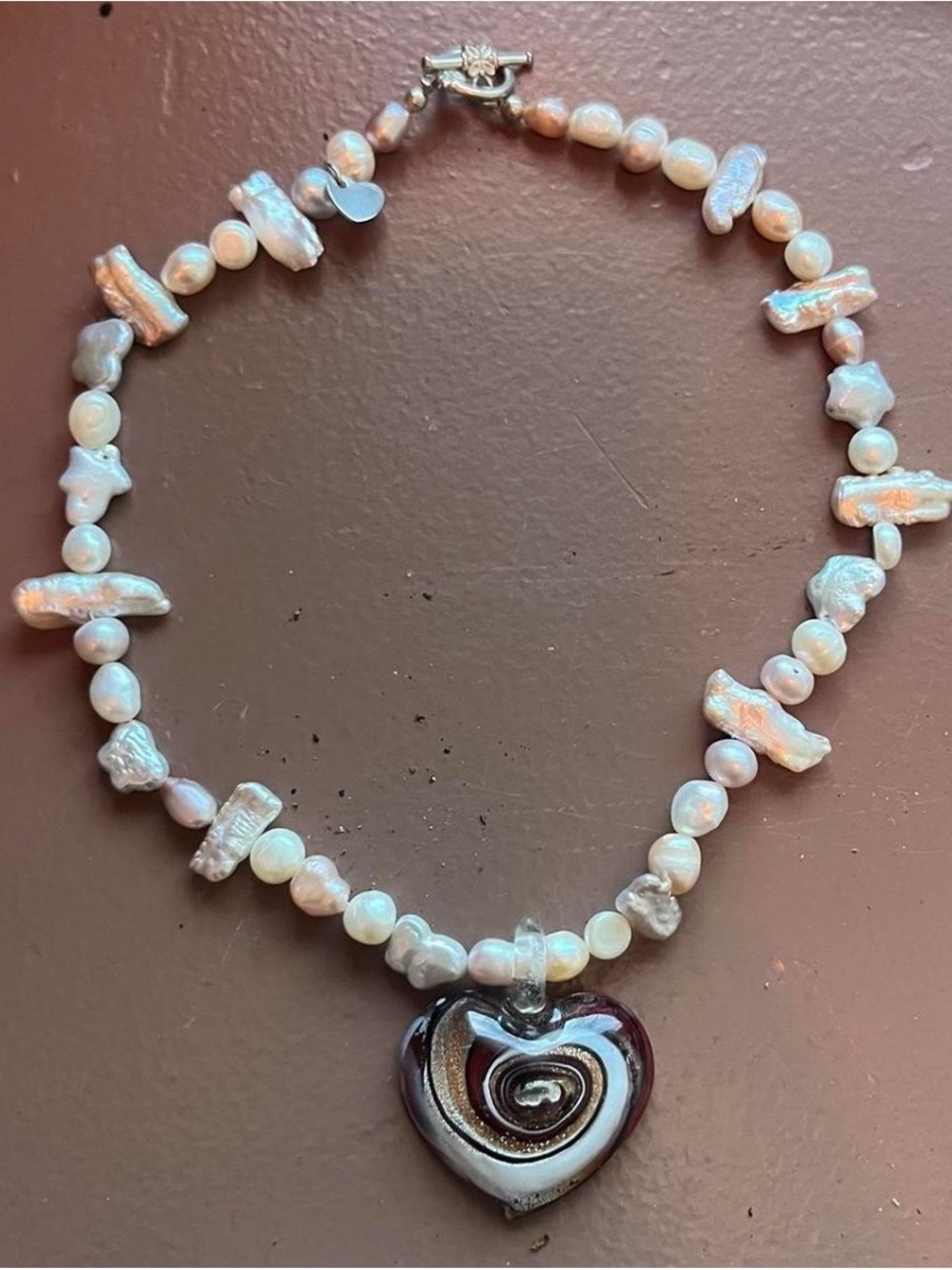 Freshwater Pearl Necklace with Heart Glass Pendant - Pink Pearlescent